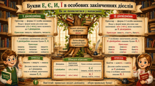 Інфографіка-пам'ятка «Букви Е, Є, И, Ї в особових закінченнях дієслів» | Українська мова, 7 клас (НУШ)