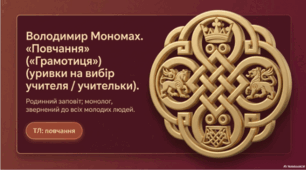 Володимир Мономах. «Повчання» («Грамотиця») (уривки на вибір учителя / учительки). Родинний заповіт; монолог, звернений до всіх молодих людей