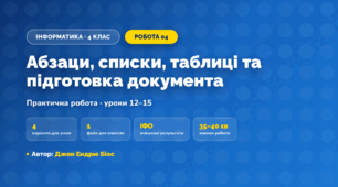 Практична робота «Абзаци, списки, таблиці та підготовка документа» (4 клас, Інформатика, Джон Ендрю Біос)