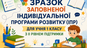 Зразок заповненої індивідуальної програми розвитку ІПР 1 клас ІІ рівень підтримки навчальні труднощі та легкі мовленнєві порушення (за зразком 2026 року, чинного з 01.08.2026)
