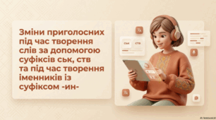 Зміни приголосних під час творення слів за допомогою суфіксів ­ськ­, ­ств­ та під час творення іменників із суфіксом -ин- (повторення)