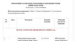 ОРІЄНТОВНЕ КАЛЕНДАРНО-ТЕМАТИЧНЕ ПЛАНУВАННЯ УРОКІВ ХІМІЯ 9 КЛАС НУШ 70 год на рік / 2 год на тиждень (авт. Г. Лашевська)