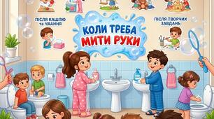 Комплект для оформлення куточка гігієни «Туалетна кімната: Коли треба мити руки?»