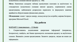 Практична робота №6 Складання таблиці щомісячних платежів за ануїтетною та стандартною (класичною) схемами виплат кредиту. Фінансова грамотність 8 клас Пластун О.