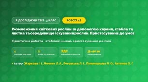 Практична робота «Розмноження квіткових рослин за допомогою кореня, стебла та листка та середовище існування рослин. Пристосування до умов» (3 клас, Я досліджую світ, Жаркова І. І., Мечник Л. А., Роговська Л. І., Пономарьова Л. О., Антонов О. Г.)