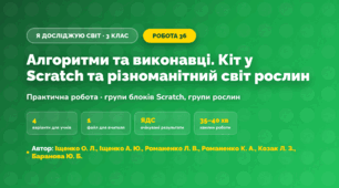 Практична робота «Алгоритми та виконавці. Кіт у Scratch та різноманітний світ рослин» (3 клас, Я досліджую світ, Іщенко О. Л., Іщенко А. Ю., Романенко Л. В., Романенко К. А., Козак Л. З., Баранова Ю. Б.)