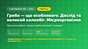Практична робота «Гриби — що особливого. Дослід та великий колообіг. Мікроорганізми» (3 клас, Я досліджую світ, Іщенко О. Л., Іщенко А. Ю., Романенко Л. В., Романенко К. А., Козак Л. З., Баранова Ю. Б.)