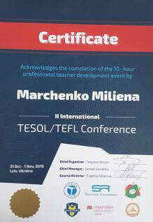  Сертифікат про участь у II International TESOL/TEFL Cjnference, 2019