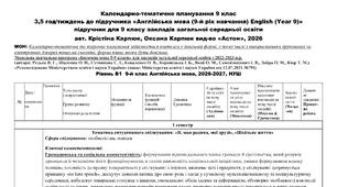 Календарно-тематичне планування підручник Англійська мова 9 клас 2026р, 1 семестр, 3,5 год\тижд. з ключовими компетенціями, інтегрованими змістовними лініями автор К. Карпюк, О. Карпюк Модельна програма під ред. Редько