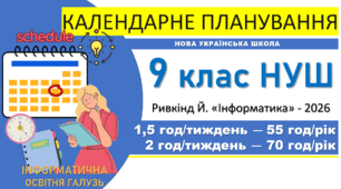 Календарно-тематичне планування з інформатики. 9 клас НУШ. Ривкінд, 2026. 2 варіанти: 1,5 год/тиждень та 2 год/тиждень