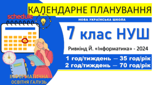 Календарно-тематичне планування з інформатики. 7 клас НУШ. Ривкінд, 2025. 2 варіанти: 1 год/тиждень та 2 год/тиждень